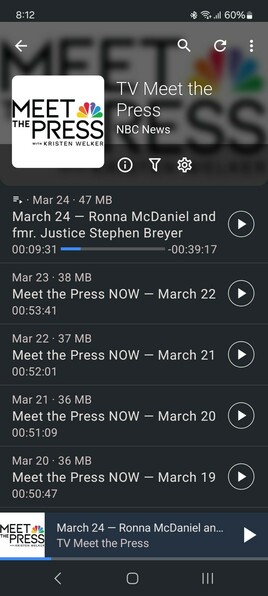 The recent NBC Meet the Press AUDIO shows list using the ad free open source (FOSS) Android podcast app, AntennaPod