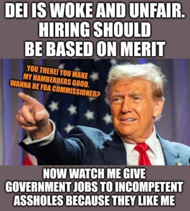 DEI IS WOKE AND UNFAIR.

HIRING SHOULD BE BASED ON MERIT YOU THERE! YOU MAKE MY HAMBERDERS GOOD. WANNA BE FDA COMMISSIONER?

NOW WATCH ME GIVE

GOVERNMENT JOBS TO INCOMPETENT ASSHOLES BECAUSE THEY LIKE ME