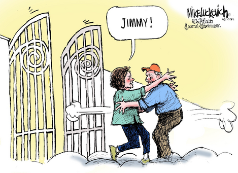 Cartoon of gates of heaven with Rosalind rushing out to welcome her husband Jimmy with a big hug