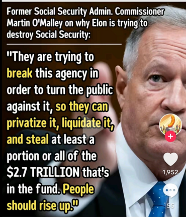 Former Social Security Admin. Commissioner Martin O'Malley on why Elon is trying to destroy Social Security: "They are trying to break this agency in order to turn the public against it, so they can privatize it, liquidate it, and steal at least a portion or all of the $2.7 TRILLION that's in the fund. People should rise up.!"

+ 1,952 55