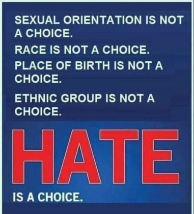 SEXUAL ORIENTATION IS NOT A CHOICE. RACE IS NOT A CHOICE. PLACE OF BIRTH IS NOT A CHOICE. ETHNIC GROUP IS NOT A CHOICE.

HATE IS A CHOICE.