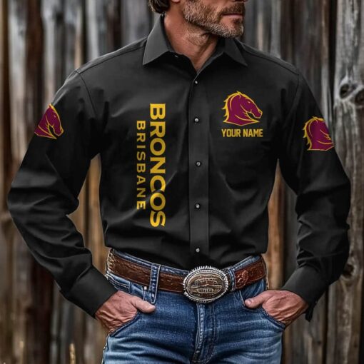 NRL Personalised Broncos New Black Button-up Long Shirt
