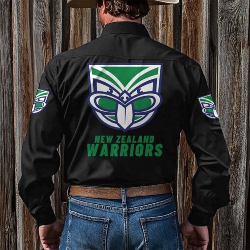 NRL Personalised Warriors New Black Button-up Long Shirt - Image 2