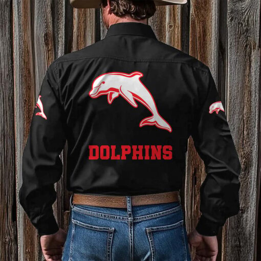 NRL Personalised Dolphins New Black Button-up Long Shirt - Image 2