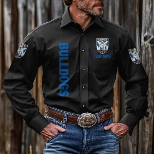 NRL Personalised Bulldogs New Black Button-up Long Shirt