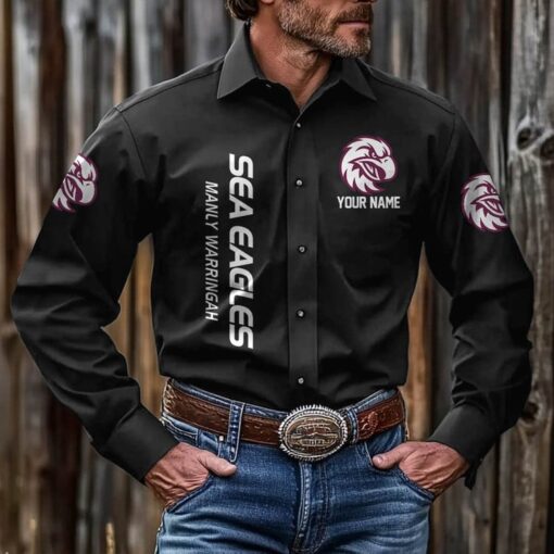 NRL Personalised Sea Eagles New Black Button-up Long Shirt