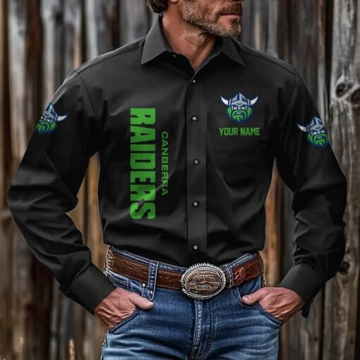NRL Personalised Raiders New Black Button-up Long Shirt