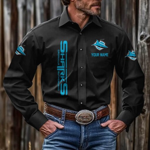 NRL Personalised Sharks New Black Button-up Long Shirt