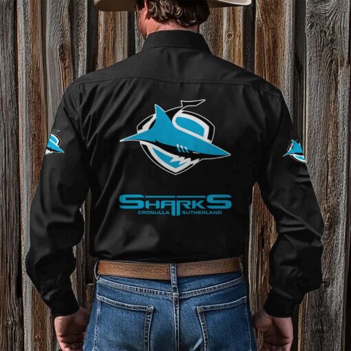 NRL Personalised Sharks New Black Button-up Long Shirt - Image 2
