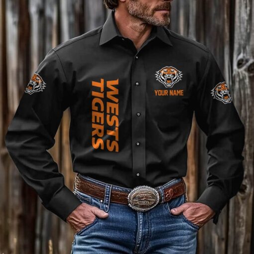 NRL Personalised Wests Tigers New Black Button-up Long Shirt