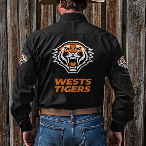 NRL Personalised Wests Tigers New Black Button-up Long Shirt - Image 2