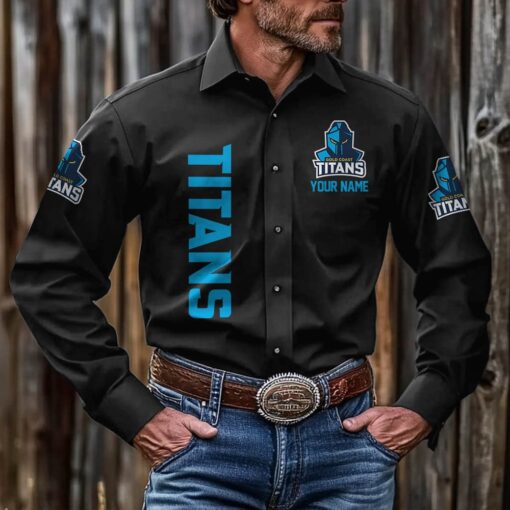 NRL Personalised Titans New Black Button-up Long Shirt
