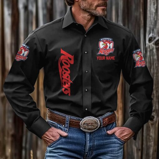 NRL Personalised Roosters New Black Button-up Long Shirt