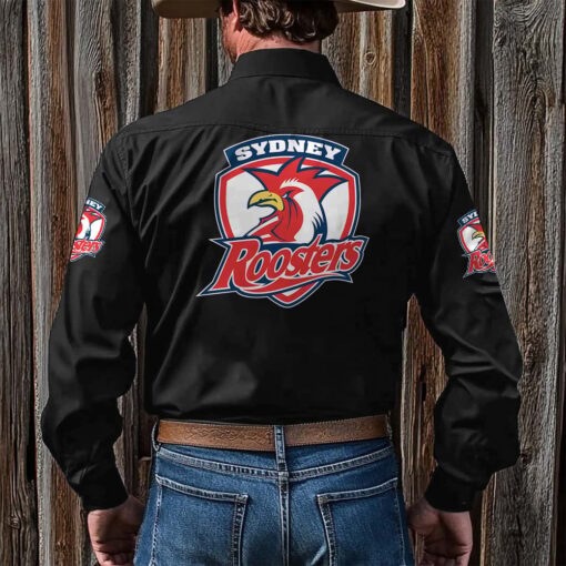 NRL Personalised Roosters New Black Button-up Long Shirt - Image 2