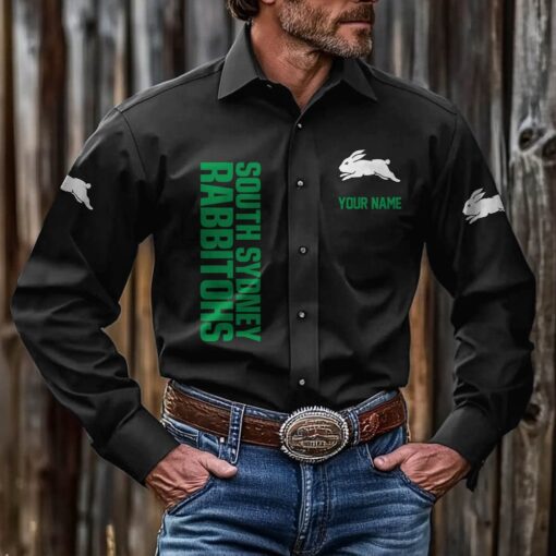 NRL Personalised Rabbitohs New Black Button-up Long Shirt