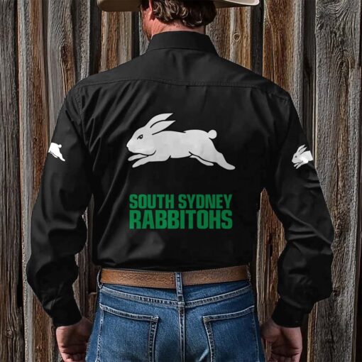 NRL Personalised Rabbitohs New Black Button-up Long Shirt - Image 2