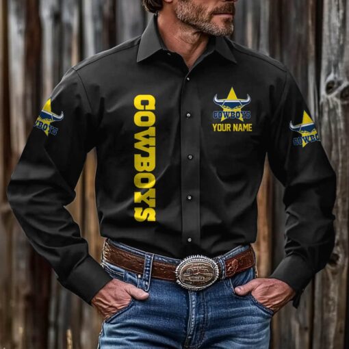 NRL Personalised Cowboys New Black Button-up Long Shirt