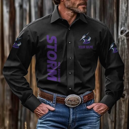 NRL Personalised Storm New Black Button-up Long Shirt
