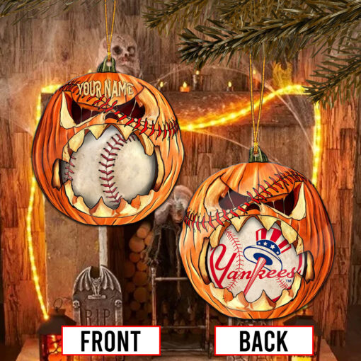 Personalized Scary Baseball Fall Pumpkin NYY 2-sided Acrylic Ornament - Image 2