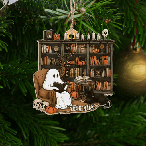 Personalized Retro Ghost Reading Books Wood Ornament