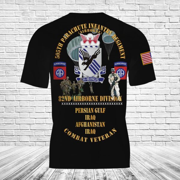 Personalized US Army Combat Vet 505th PIR 82nd Airborne w Campaigns Soldiers 3D Shirt - Image 3