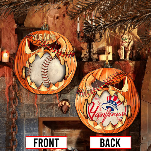 Personalized Scary Baseball Fall Pumpkin NYY 2-sided Acrylic Ornament - Image 5