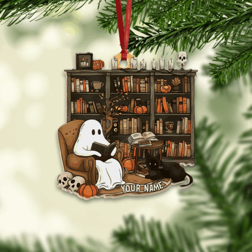 Personalized Retro Ghost Reading Books Wood Ornament - Image 2
