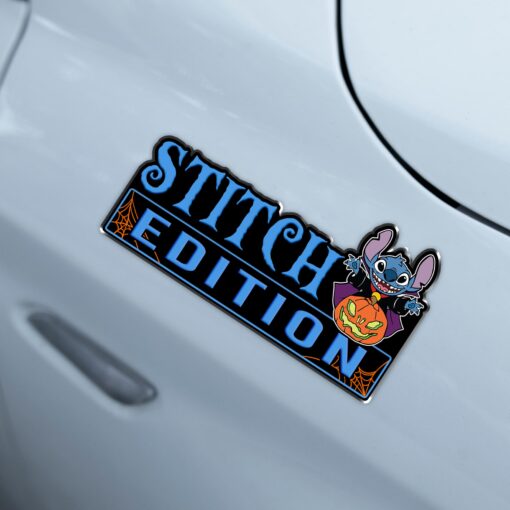 Halloween Costume Stitch with Pumpkin Jack o Lantern Edition Laser Engraved or 3D Inlayed Car Name Badge - Image 3