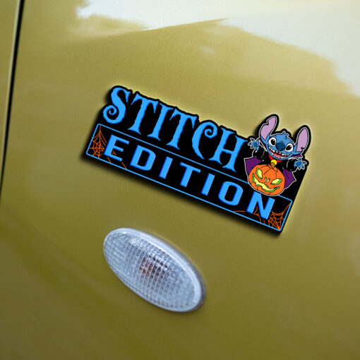 Halloween Costume Stitch with Pumpkin Jack o Lantern Edition Laser Engraved or 3D Inlayed Car Name Badge - Image 4