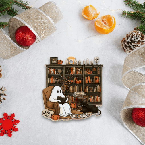 Personalized Retro Ghost Reading Books Wood Ornament - Image 3