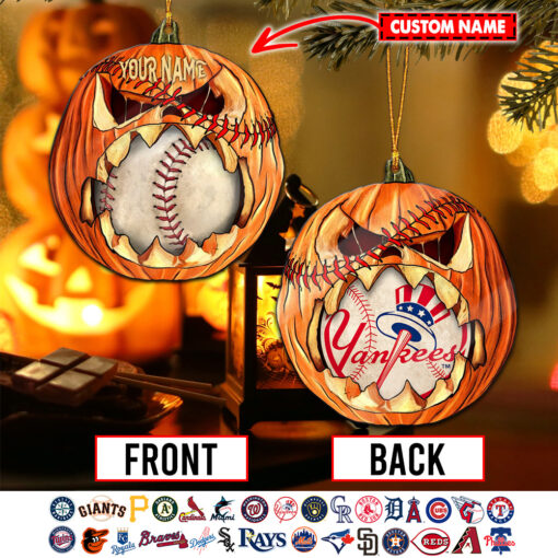 Personalized Scary Baseball Fall Pumpkin NYY 2-sided Acrylic Ornament