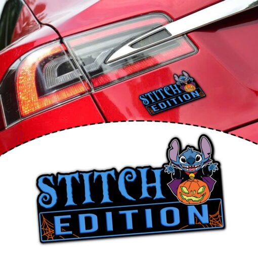 Halloween Costume Stitch with Pumpkin Jack o Lantern Edition Laser Engraved or 3D Inlayed Car Name Badge - Image 5