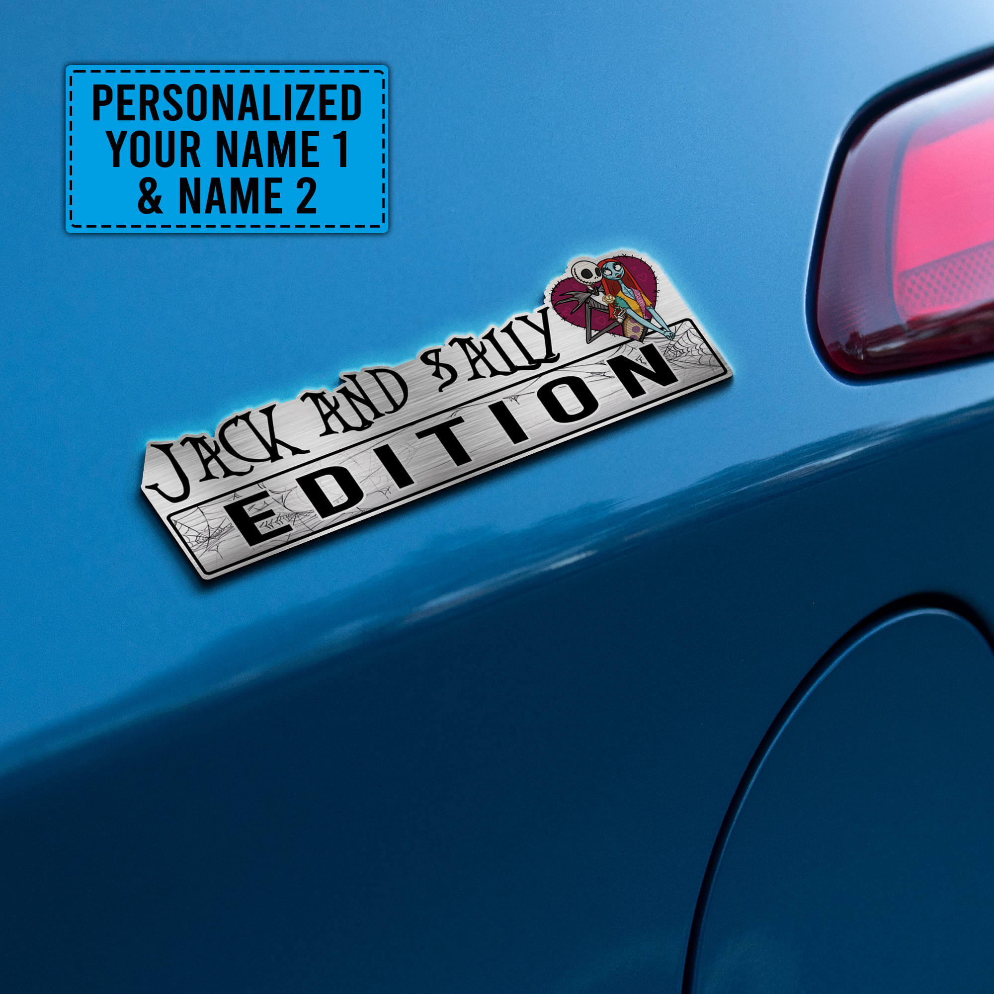 Personalized Nightmare Before Christmas Jack & Sally Heart Edition Laser Engraved or 3D Inlayed Car Name Badge - Image 2