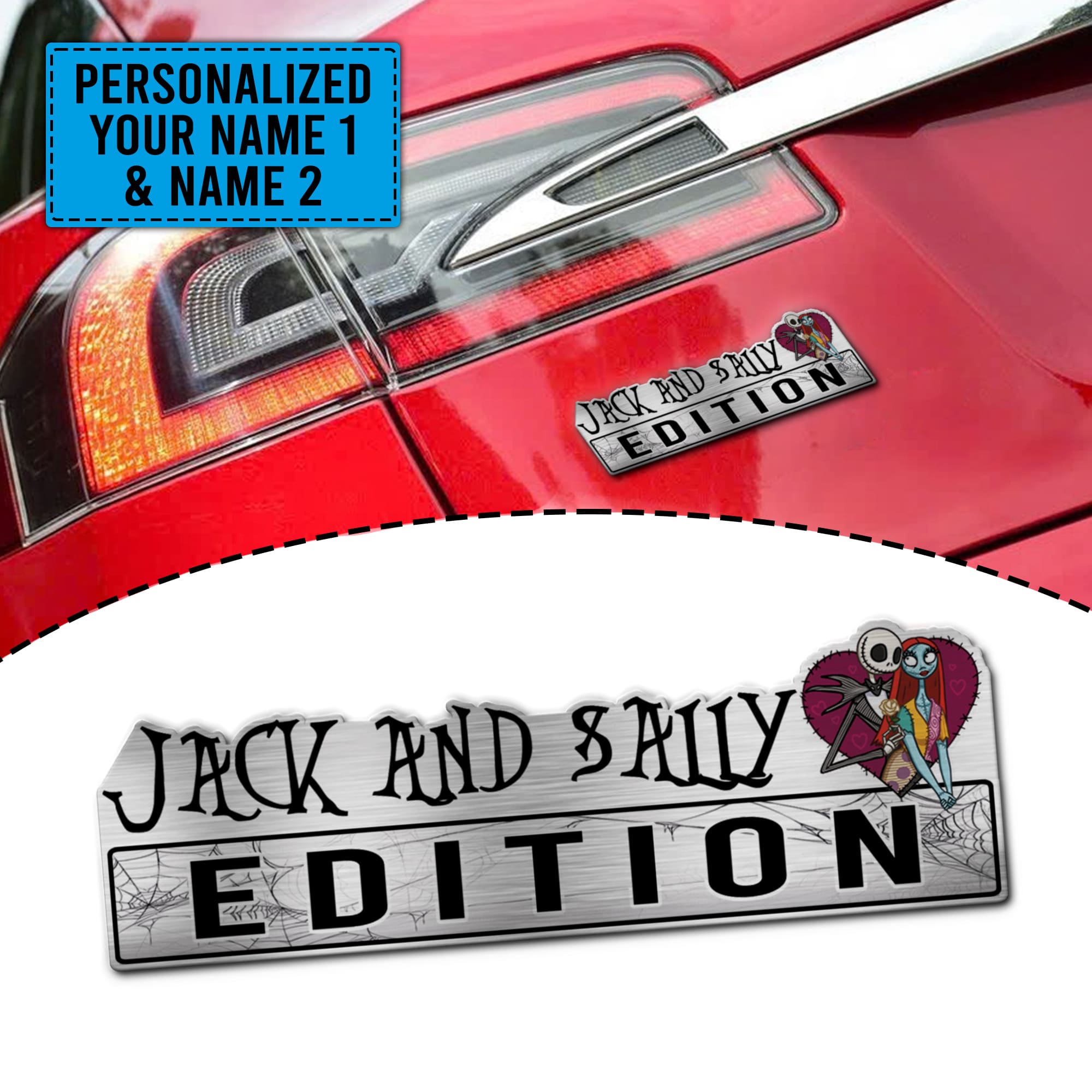 Personalized Nightmare Before Christmas Jack & Sally Heart Edition Laser Engraved or 3D Inlayed Car Name Badge