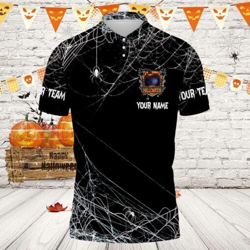 Personalized Name And Team Name Happy Bowlingween Halloween Bowling Regular Regular Polo Shirt - Image 2