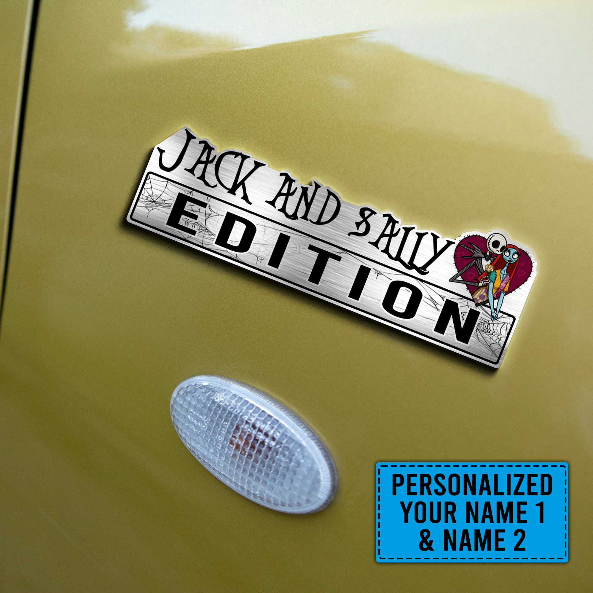 Personalized Nightmare Before Christmas Jack & Sally Heart Edition Laser Engraved or 3D Inlayed Car Name Badge - Image 4