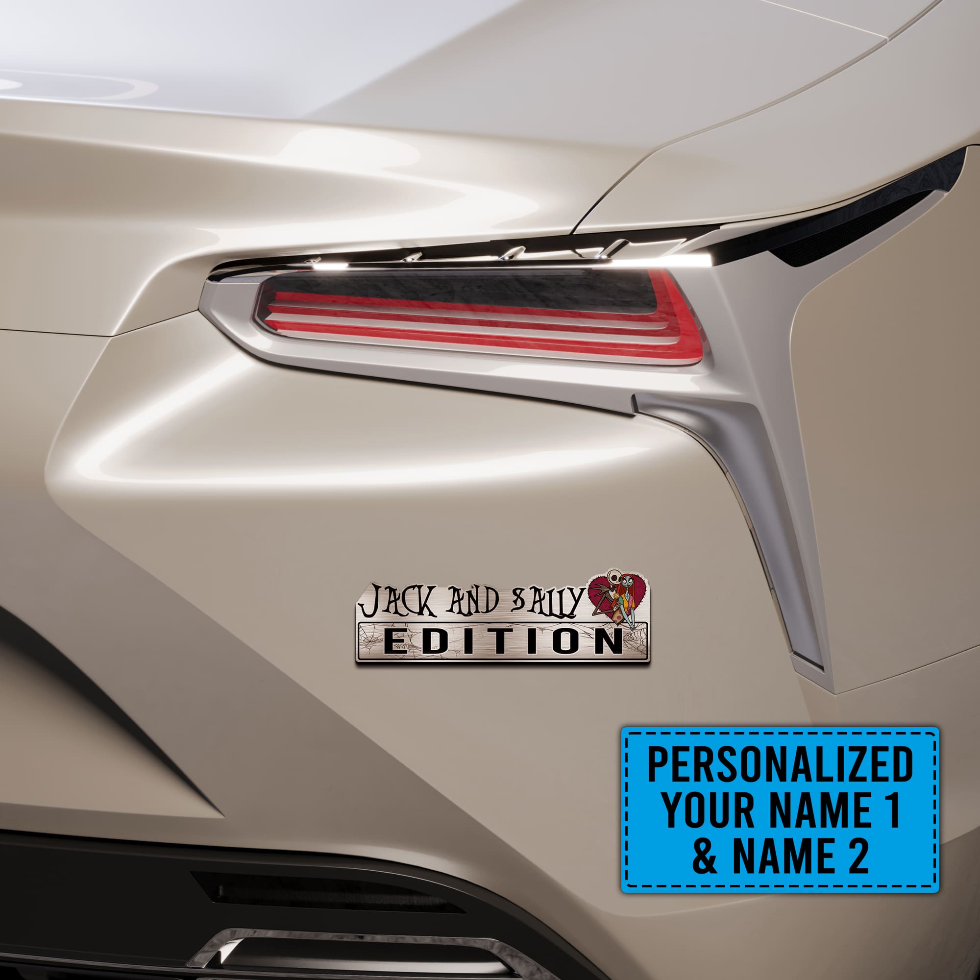 Personalized Nightmare Before Christmas Jack & Sally Heart Edition Laser Engraved or 3D Inlayed Car Name Badge - Image 5