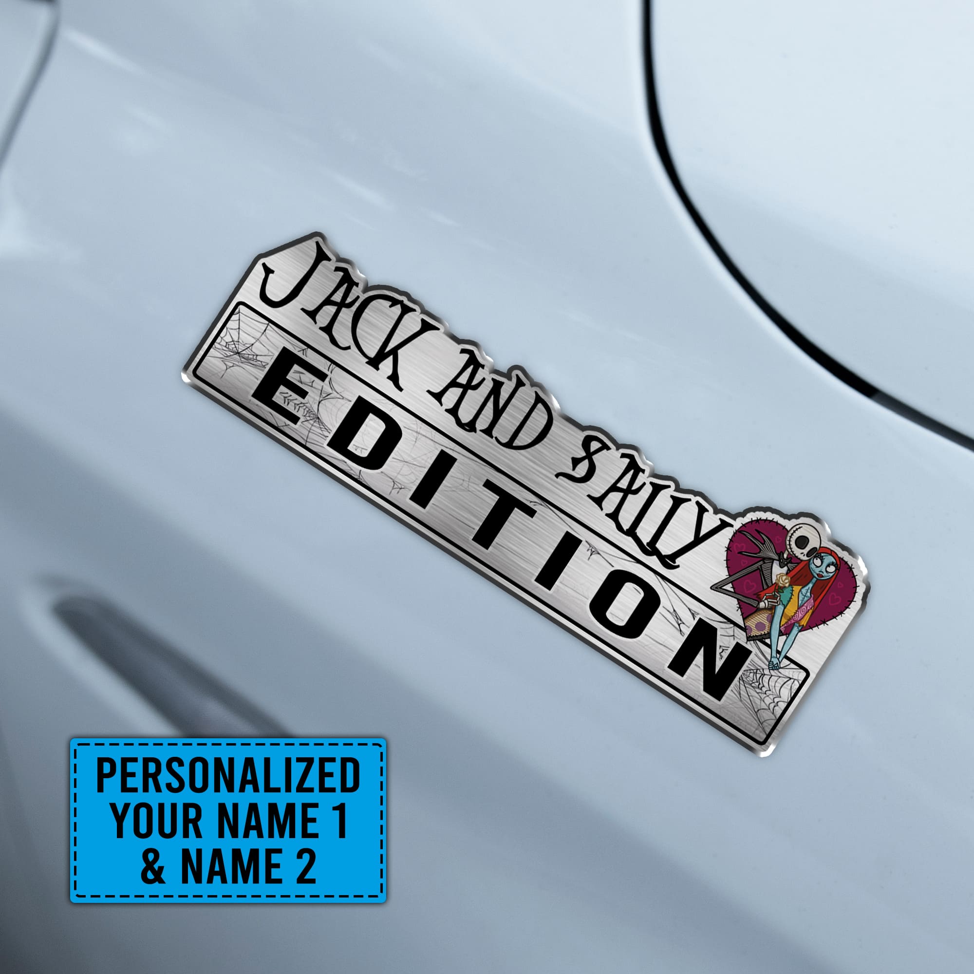 Personalized Nightmare Before Christmas Jack & Sally Heart Edition Laser Engraved or 3D Inlayed Car Name Badge - Image 3