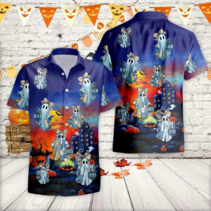 Retro Halloween Blue Denim Ghost Hawaiian Shirt