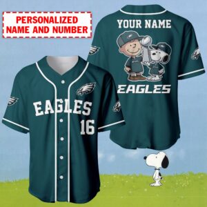Personalized Name And Number Charlie Brown And Snoopy Philadelphia Eagles - NFL Super Bowl Champions Baseball Jersey