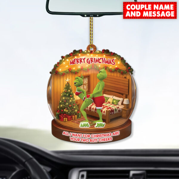 Personalized Green Monster Couple All I Want For Christmas Are Your Two Bt Cheeks Christmas Ornament - Image 3