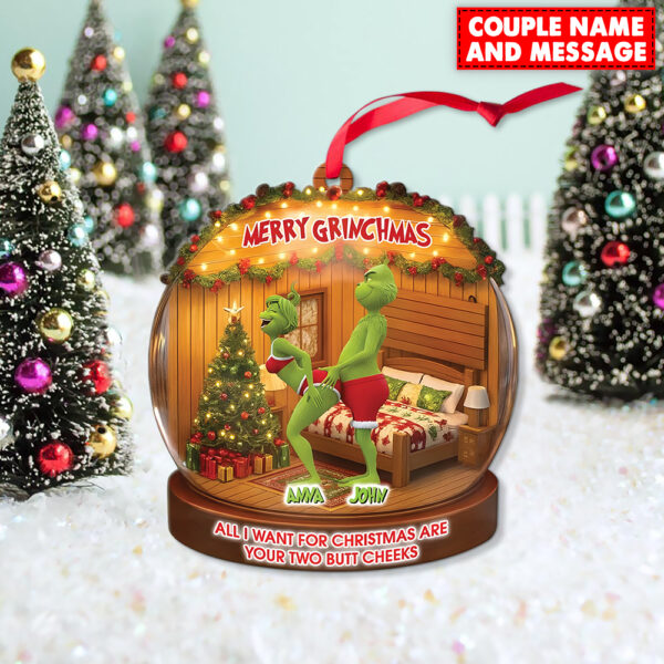 Personalized Green Monster Couple All I Want For Christmas Are Your Two Bt Cheeks Christmas Ornament - Image 2