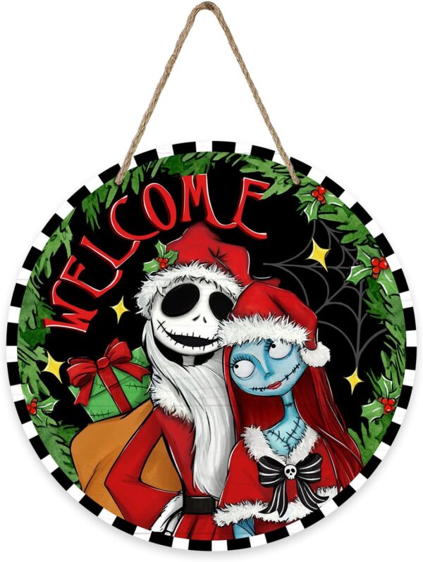 Welcome Christmas Jack And Sally Custom Shape Wood Sign Hanging - Image 3