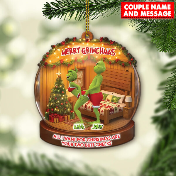 Personalized Green Monster Couple All I Want For Christmas Are Your Two Bt Cheeks Christmas Ornament - Image 7