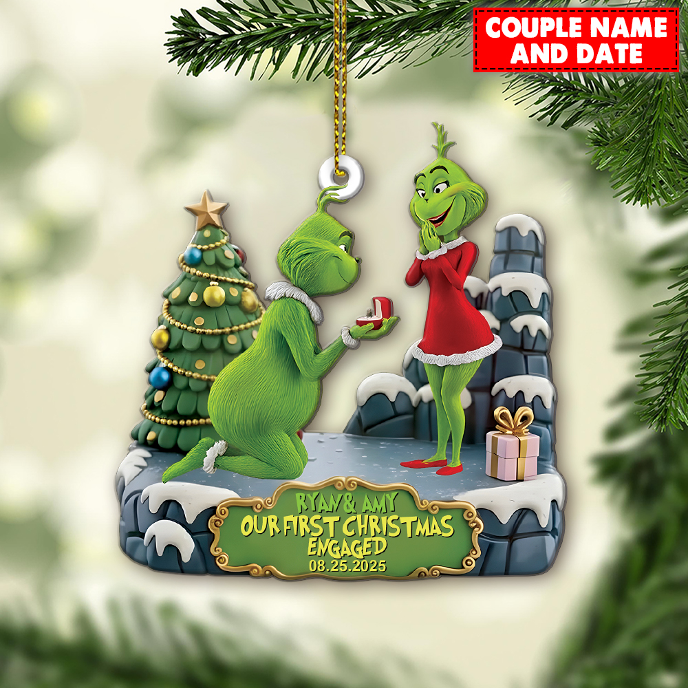 Personalized Green Monster Couple Our First Christmas Engaged Christmas Ornament - Image 2