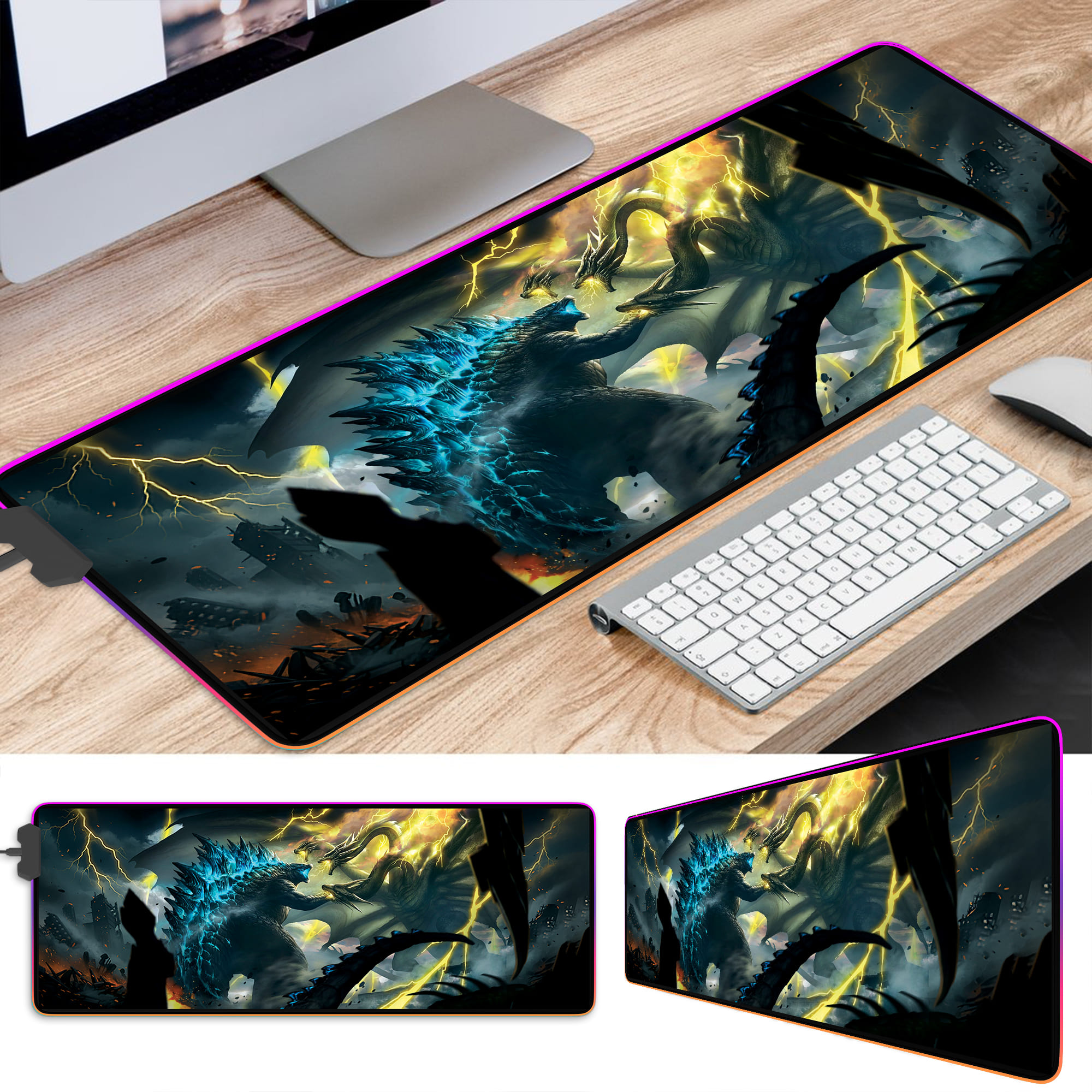 Godzilla in fight blue LED Desk Mat - Image 3