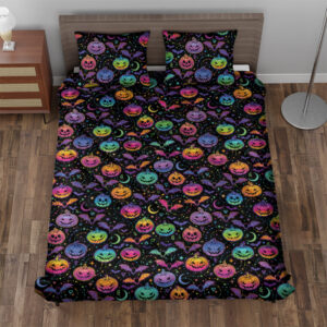 Alternative view of Pumpkins And Bats Neon Halloween Quilt Bedding Set