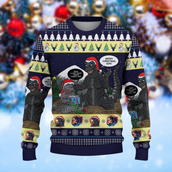 Merry Christmas From Godzilla And Son Christmas Knitted Sweater - Image 2