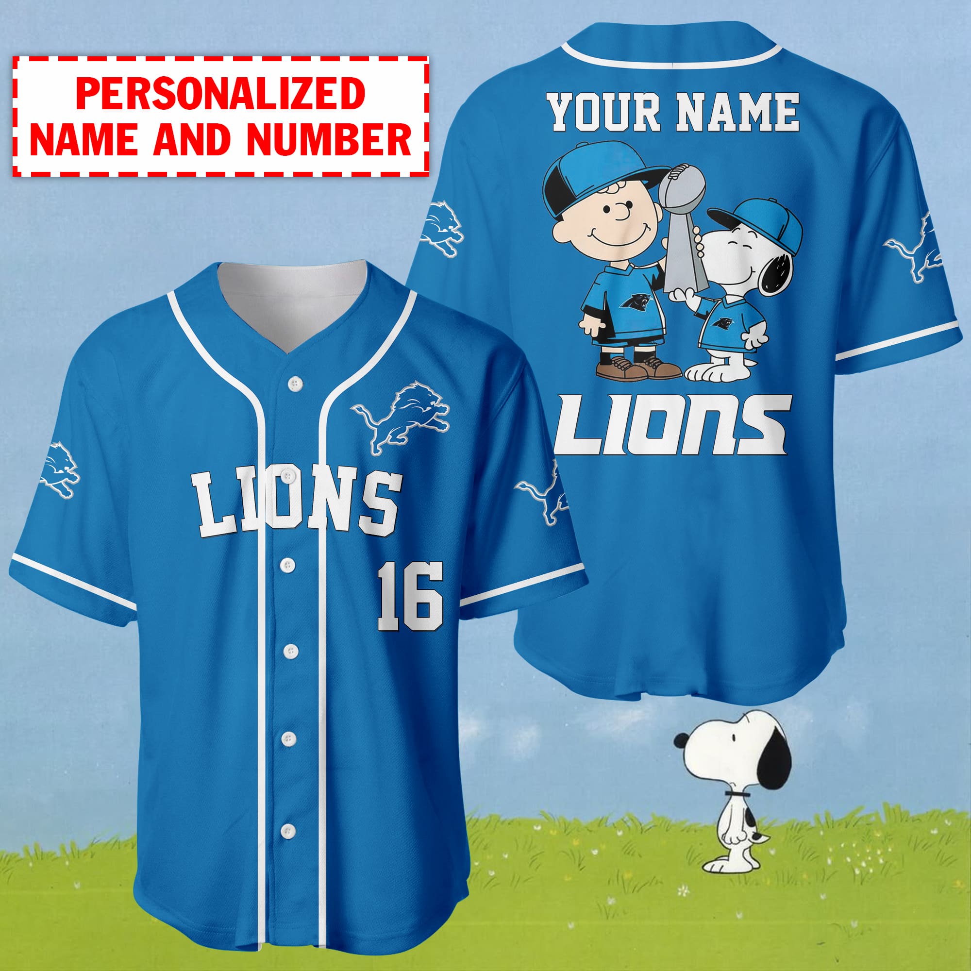 Personalized Name And Number Charlie Brown And Snoopy Detroit Lions - NFL Super Bowl Champions Baseball Jersey