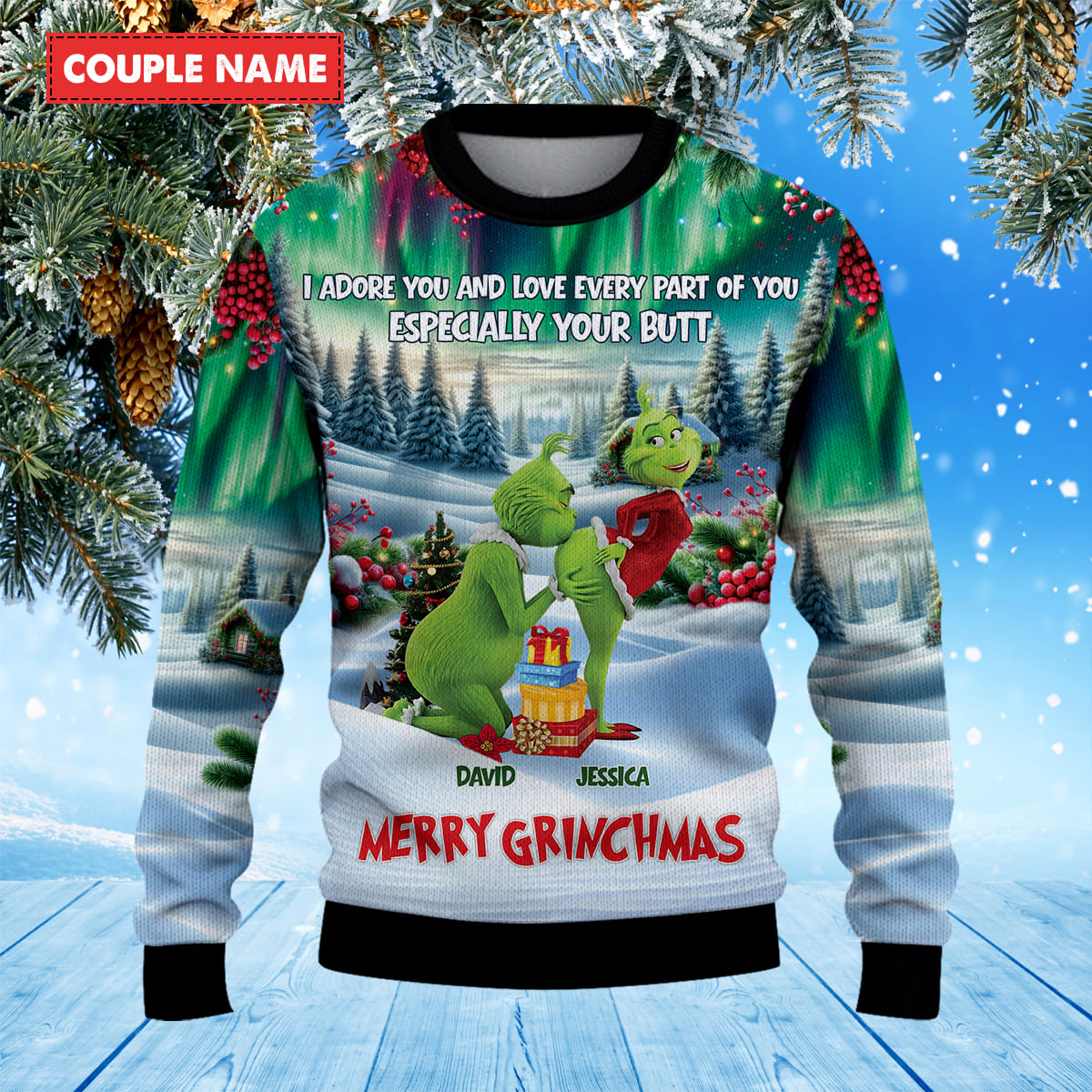 Personalized Naughty Grinchmas Green Monster Grinch Couple Christmas Knitted Sweater - Image 2